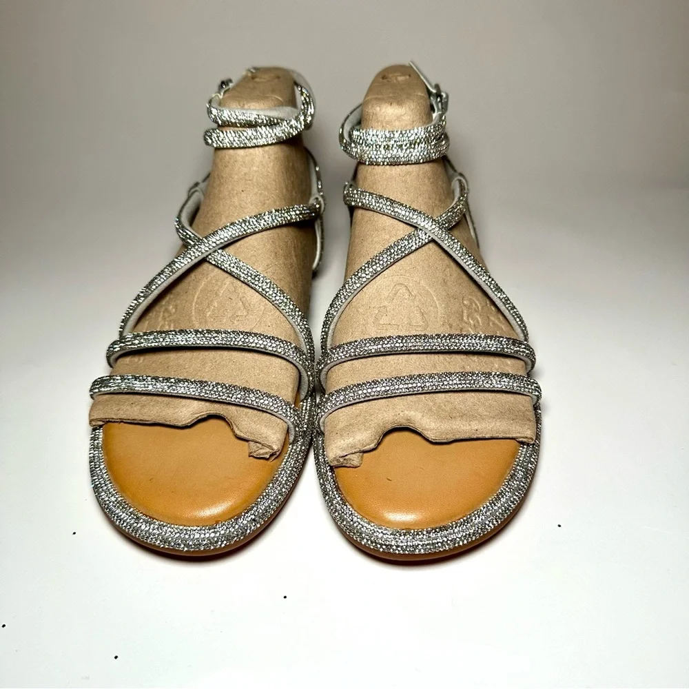Gianni Bini Beige Suede Gladiator Sandals with Silver Glitter Straps